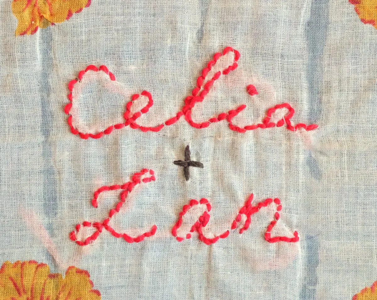 Celia + Ian, hand-embroidered in pink thread