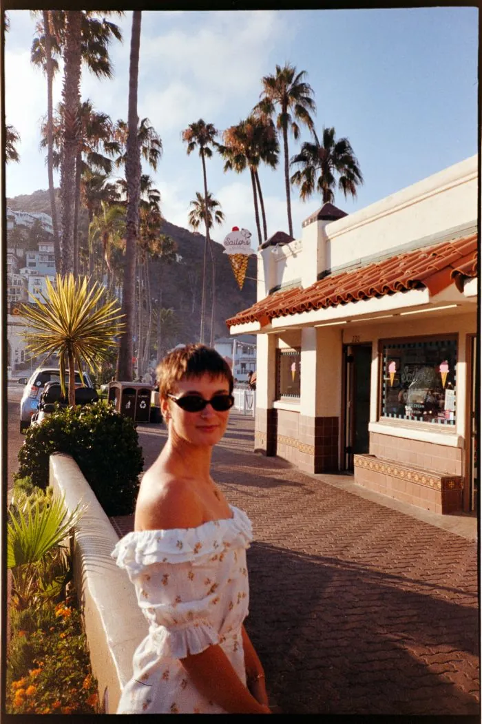 Celia outside an ice cream shop on Catalina